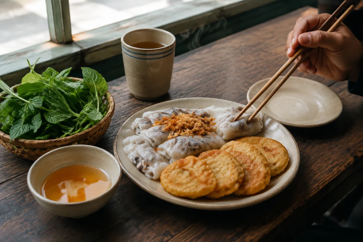 Golden Ha Long squid cakes served with steamed rice rolls and fresh herbs