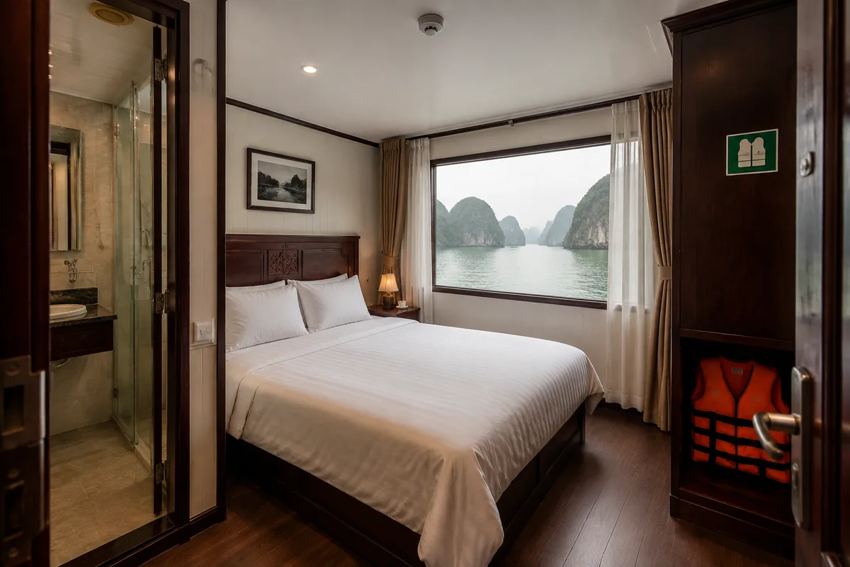 A compact overnight cruise cabin with a private bathroom and a window facing limestone karsts