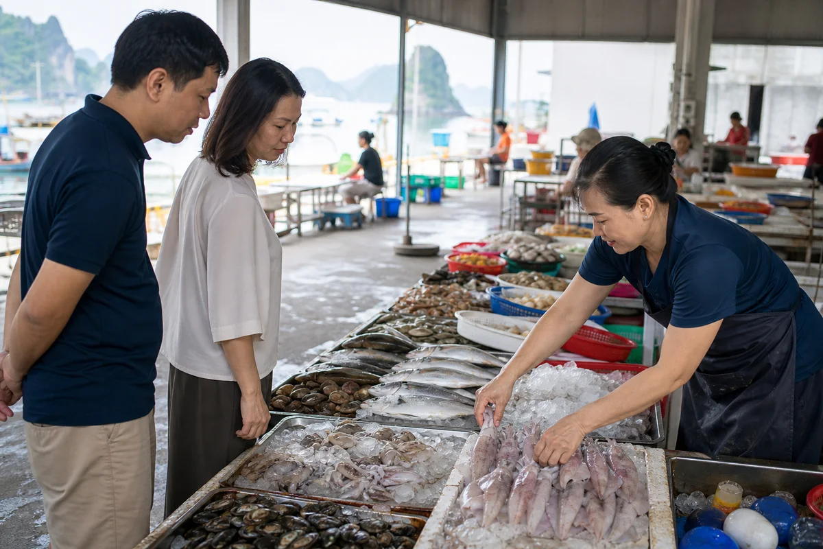 Shoppers choosing seafood at a waterside market in Ha Long City