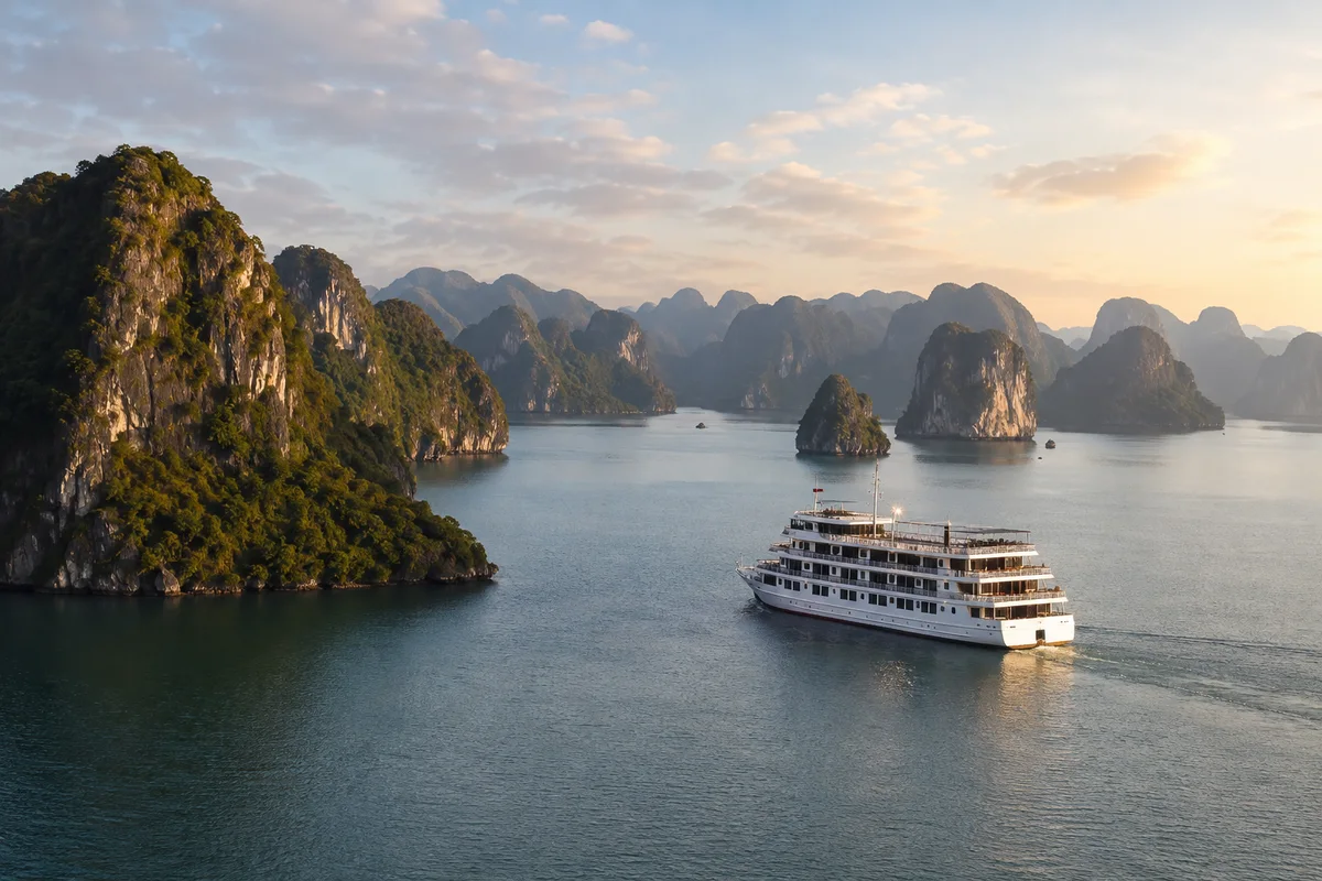 A mid-sized cruise vessel crossing calm water between limestone islands